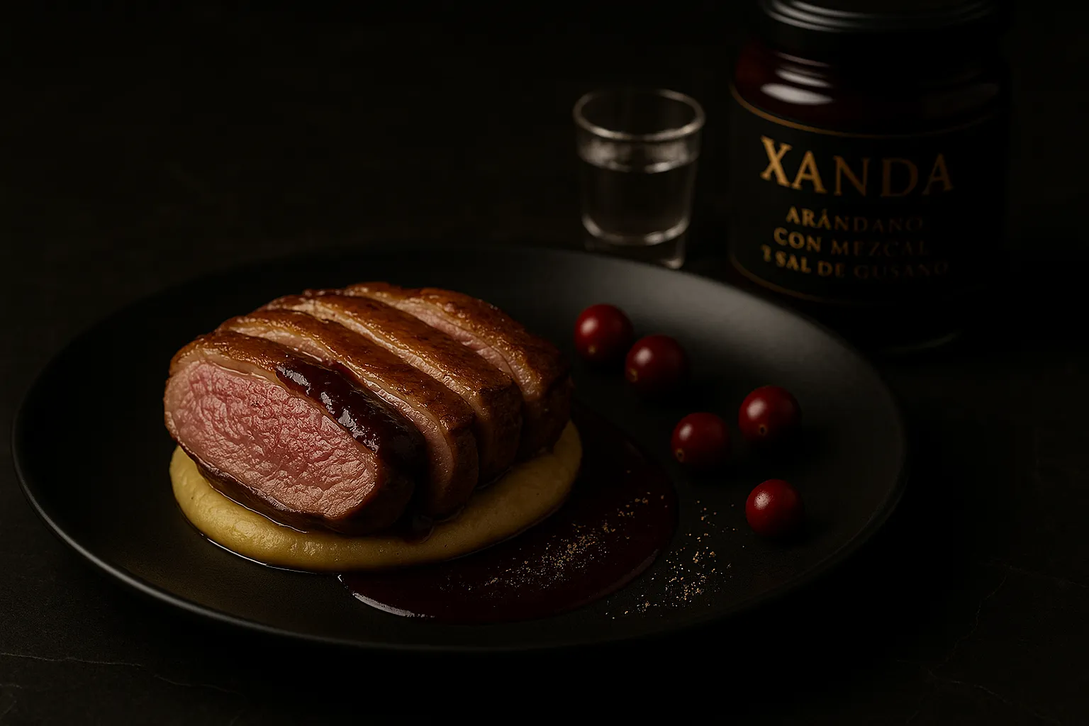 Pato Magret con Arándano, Mezcal y Sal de Gusano Xanda