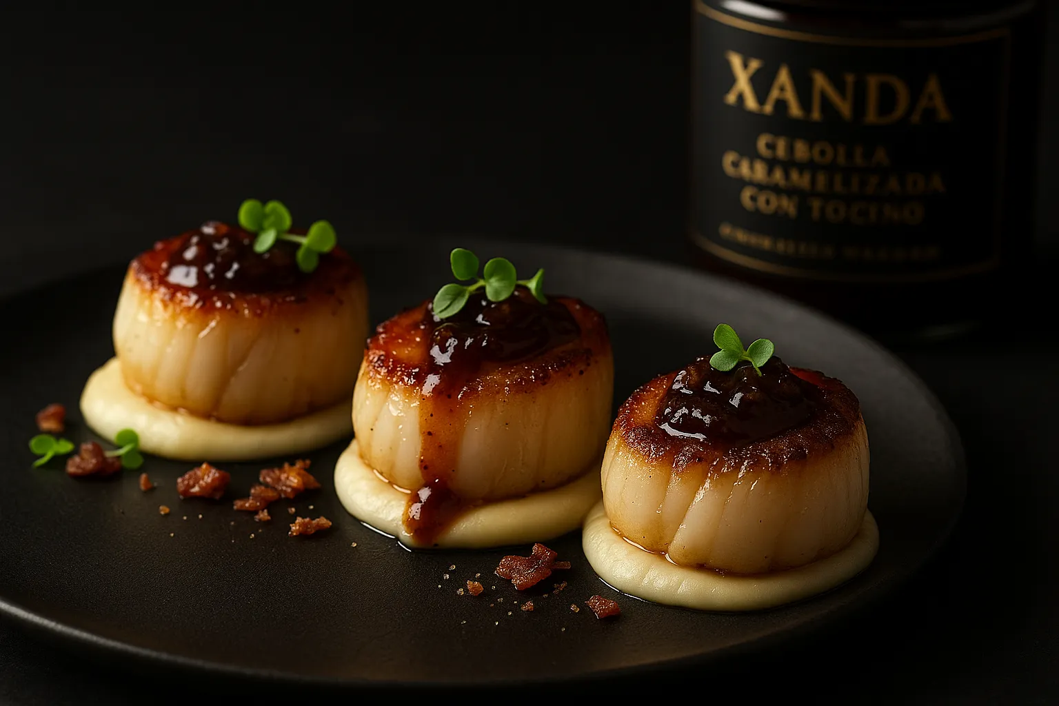 Vieiras selladas con Cebolla + Tocino Xanda