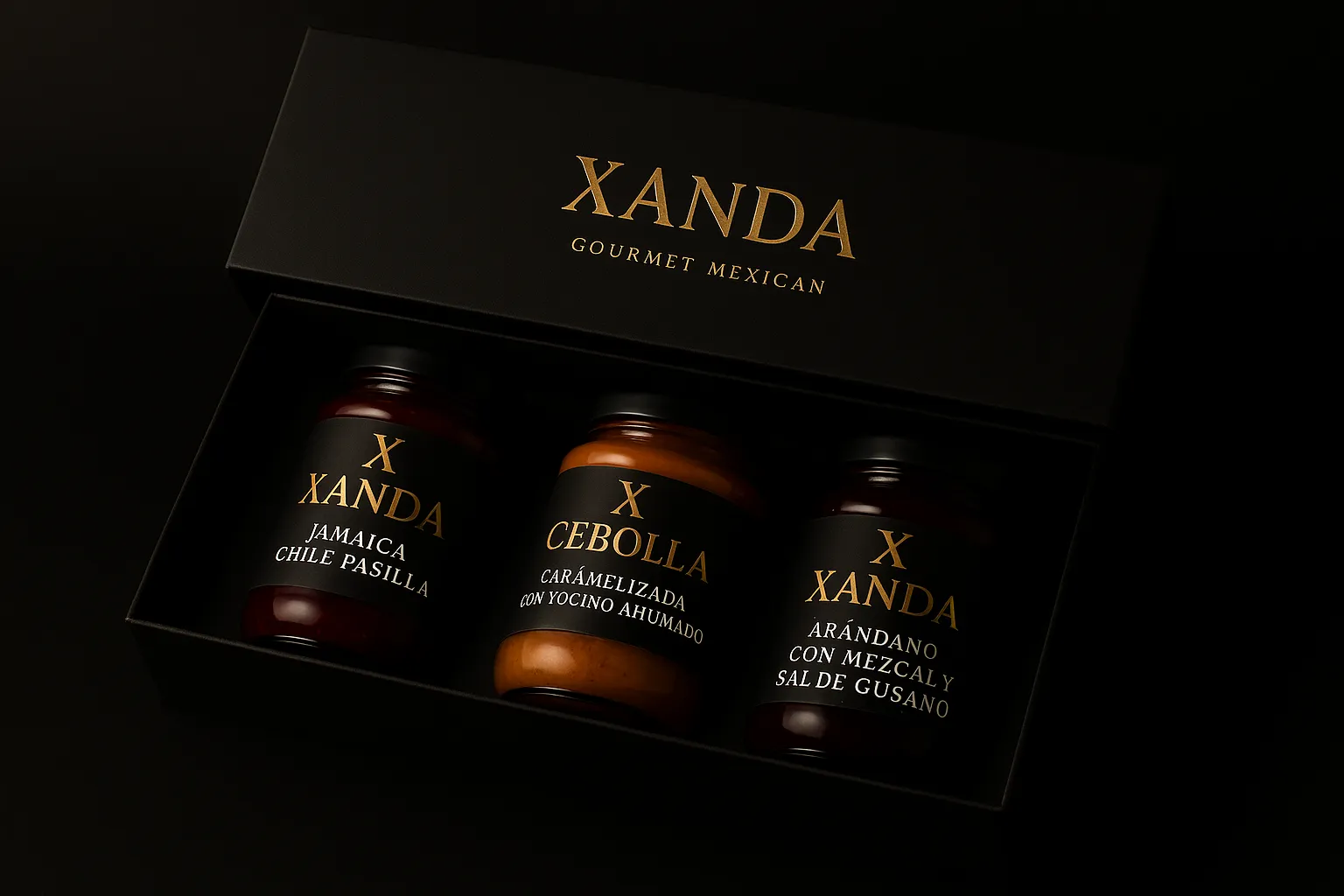 Caja de regalo Xanda con 3 frascos de mermeladas y salsas gourmet