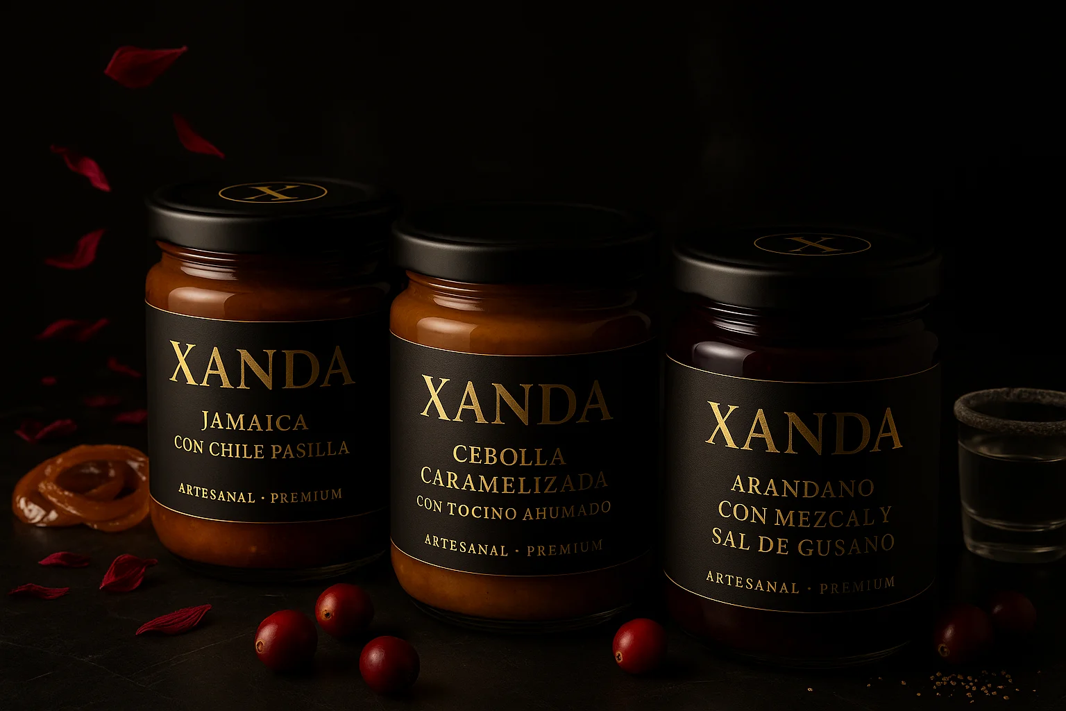 Frascos de mermeladas y salsas gourmet Xanda sobre fondo elegante